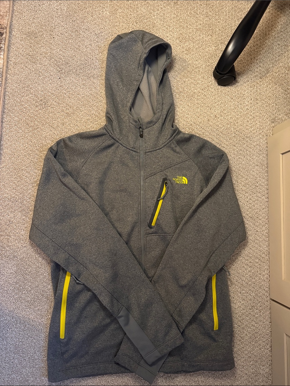 The North Face Men’s Gray Hooded Zip Fleece with Yellow Zipper Accents